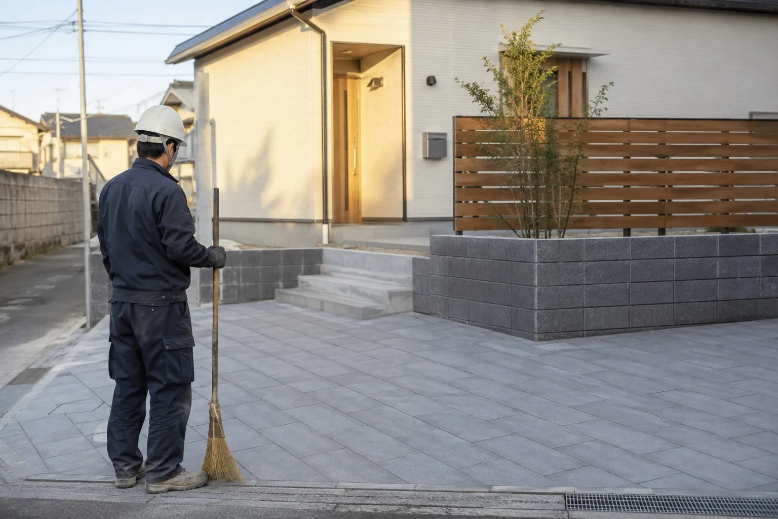 仕上げた玄関アプローチを見渡す作業員のイメージ。