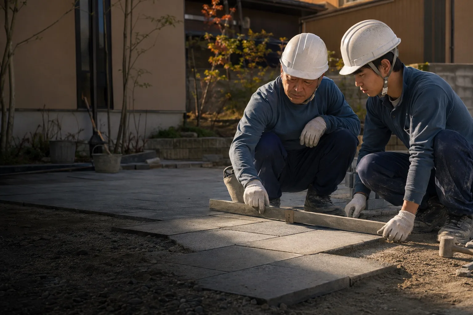 舗装の水平を先輩と一緒に確かめる現場スタッフのイメージ。