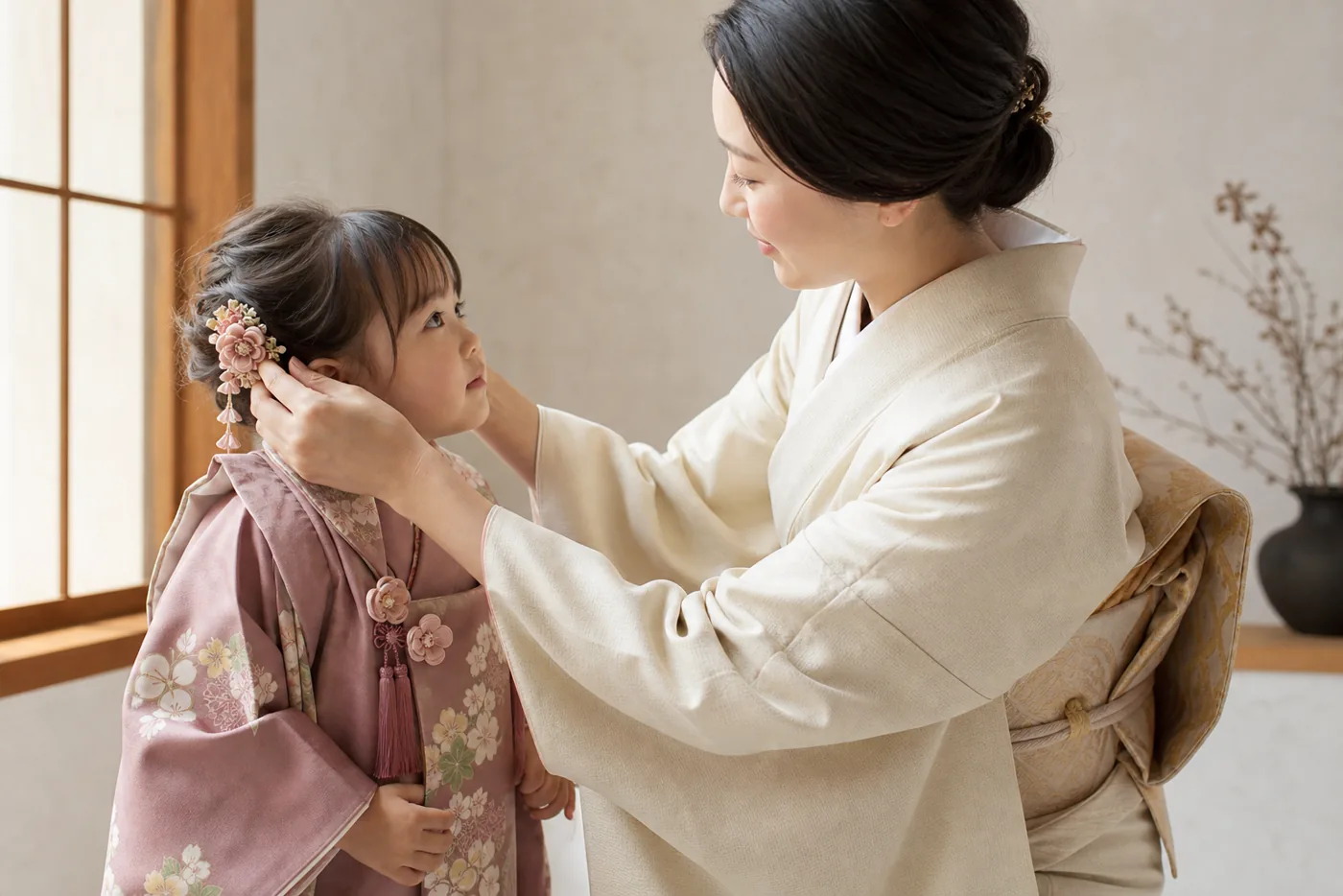 七五三の髪飾りを優しく整える母親と女の子のイメージ