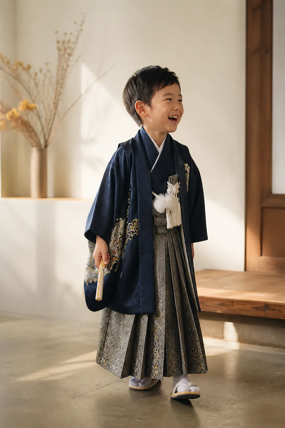 紺色の羽織袴で楽しそうに笑う男の子のイメージ