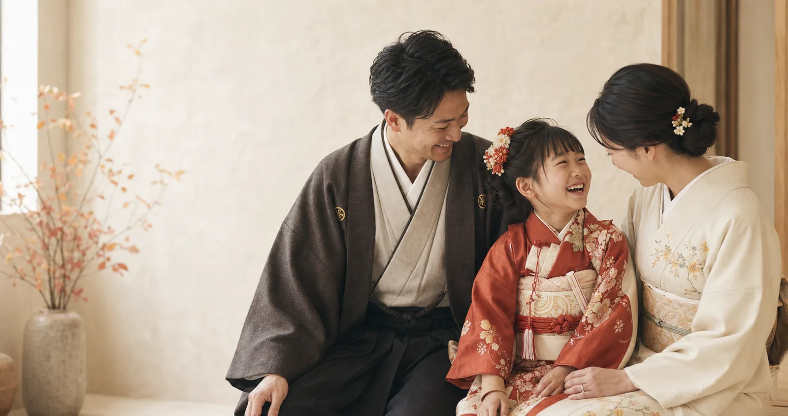 LPに使った、和装の女の子を囲む家族の生成画像